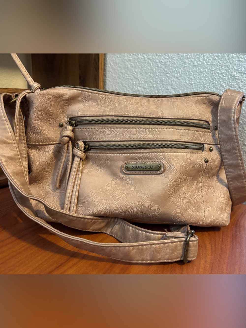 Stone & Co. Floral-Embossed Crossbody Bag in a Sand Shade Faux Leather